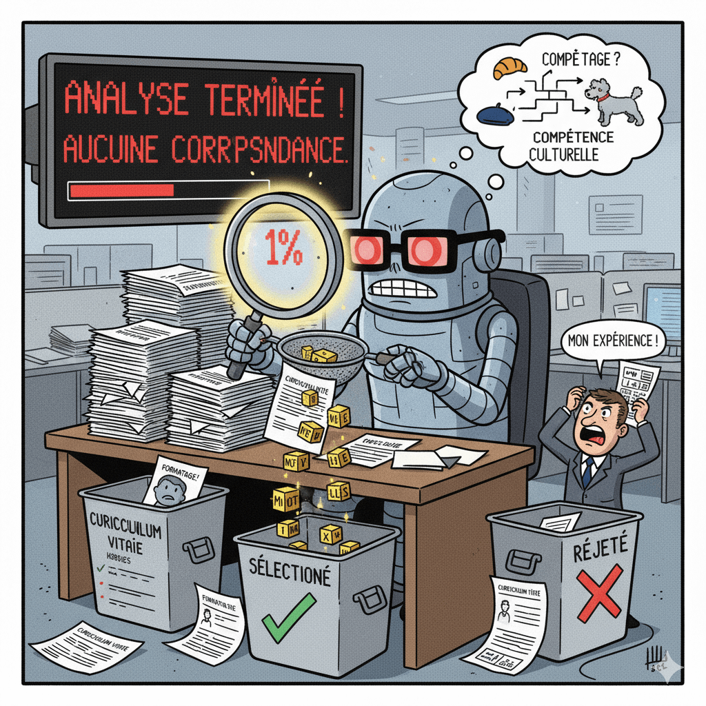 Un CV dans un scanner, avec des données qui s'envolent, illustrant le processus de l'ATS.